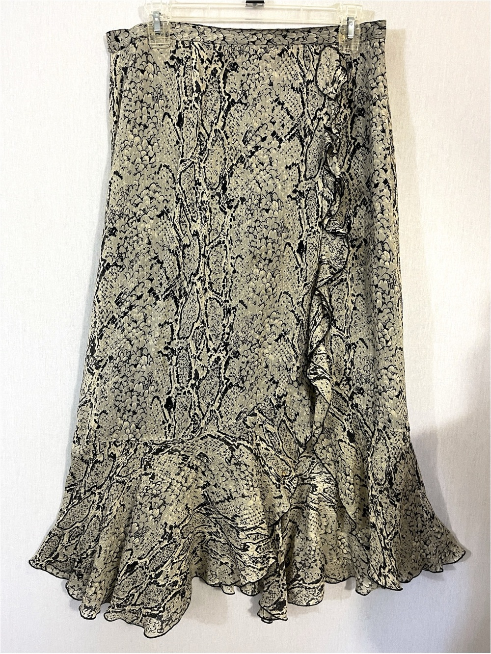 Silkassets 100% silk chiffon Snake Print Ruffle Hem Midi High Low Skirt vintage